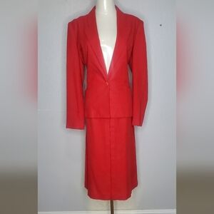 Panther 2 Piece Red Blazer Jacket & A-Line Midi Skirt Set Skirtsuit Size Medium